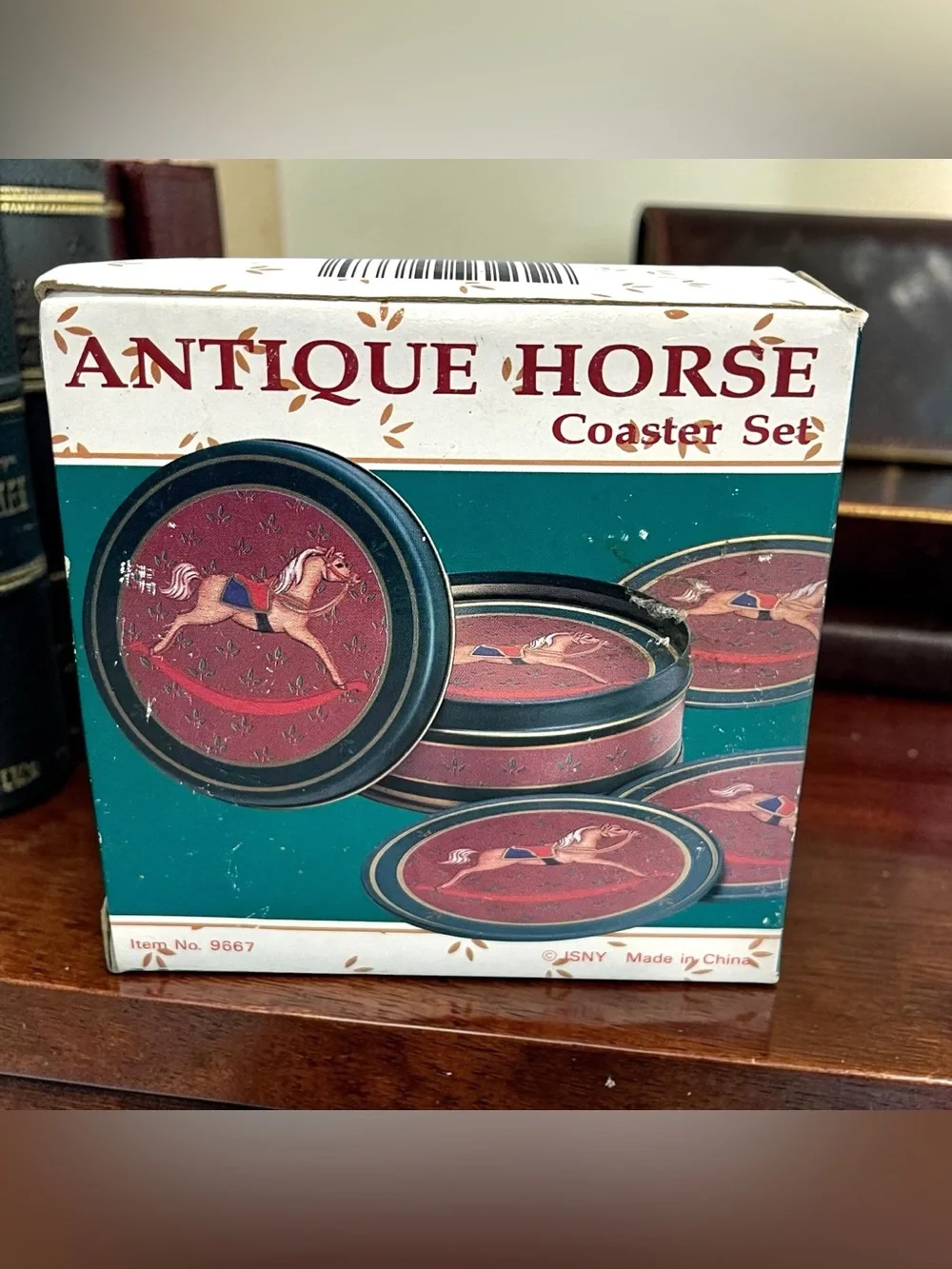 Vintage Antique Horse Cork Coaster Set of 6 w Tin Box Country Cottage Decor